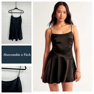 Abercrombie Fitch Black Satin Slip Mini Dress Spaghetti Strap‎ Fit Flare L